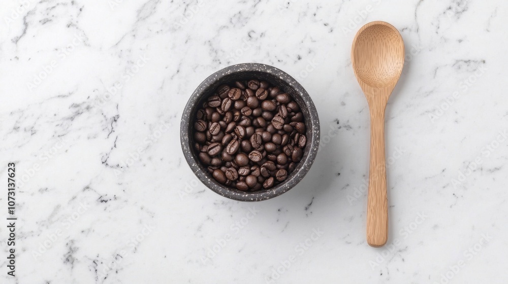 Black coffee beans in a round gray bowl beside a wooden spoon on a white marble countertop, highlighting rich textures and natural food elements for culinary use. Black coffee beans in a round gray bowl beside a wooden spoon on a white marble countertop, highlighting rich textures and natural food elements for culinary use.