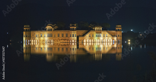 Jaipur, Rajasthan, India. Jal Mahal Or Water Palace In Night Illumination. Palace Inmiddle Of Man Sagar Lake. Was Originally Constructed Around 1699. Jal Mahal Palace Is Architectural Showcase Of photo