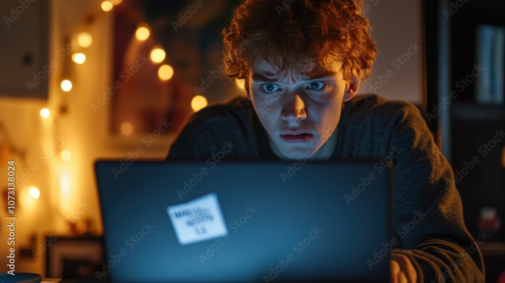 Young Man Struggling with Computer Work at Night Surrounded by Ambient Lights, Expressing Frustration and Focus While in a Cozy Indoor Environment Young Man Struggling with Computer Work at Night Surrounded by Ambient Lights, Expressing Frustration and Focus While in a Cozy Indoor Environment