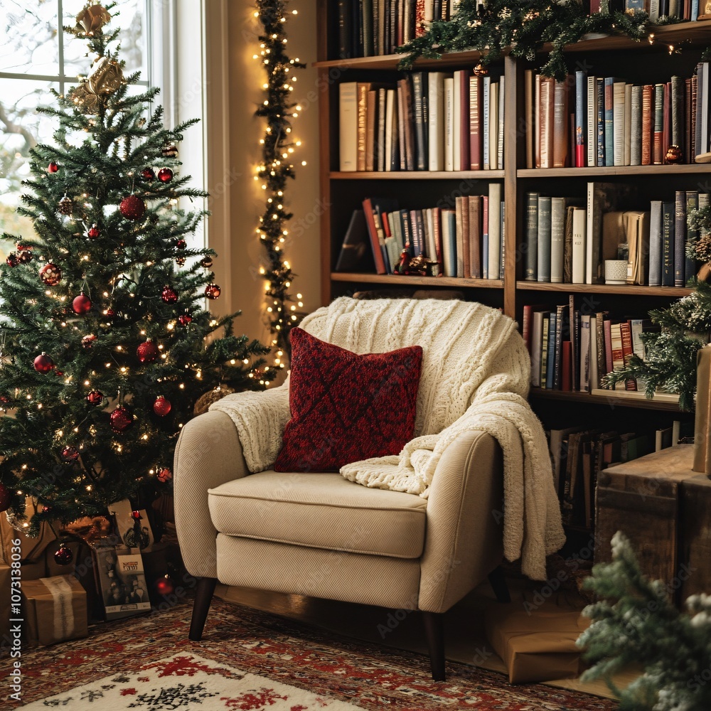 Cozy chair by the christmas tree invites relaxation and holiday cheer Cozy chair by the christmas tree invites relaxation and holiday cheer