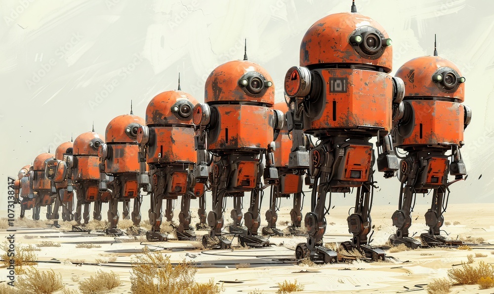 Futuristic robots, each with glowing eyes, march in precise formation across a desolate terrain Futuristic robots, each with glowing eyes, march in precise formation across a desolate terrain
