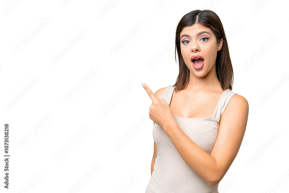 Young Russian woman over isolated chroma key background surprised and pointing side Young Russian woman over isolated chroma key background surprised and pointing side