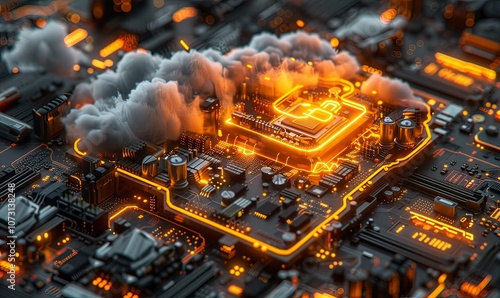 A vibrant cloud illuminated with a padlock floats over a complex motherboard, symbolizing the critical role of security in the realm of cloud computing technology today photo