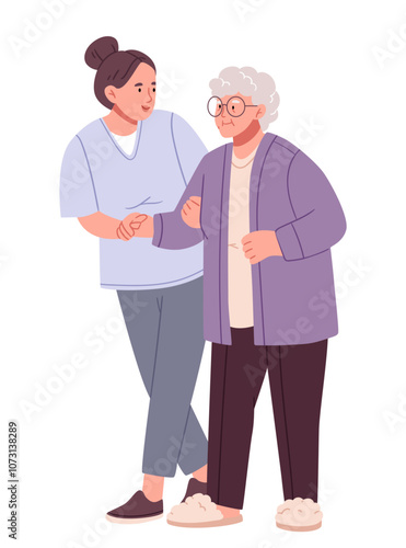A nurse helps an elderly woman to walk.Home care services for seniors. Nurse or volunteer worker taking care of an elderly woman.