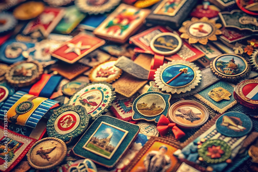 Fototapeta premium Vintage Retro Labels and Badges Collection Featuring Unique Stamps and Ribbons in a Tilt-Shift Photography Style for Creative Design and Crafts