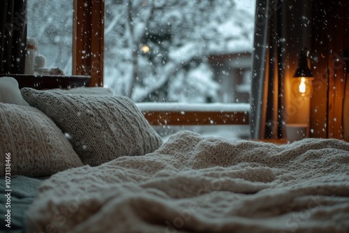 Cozy Bed with Snow Falling ...