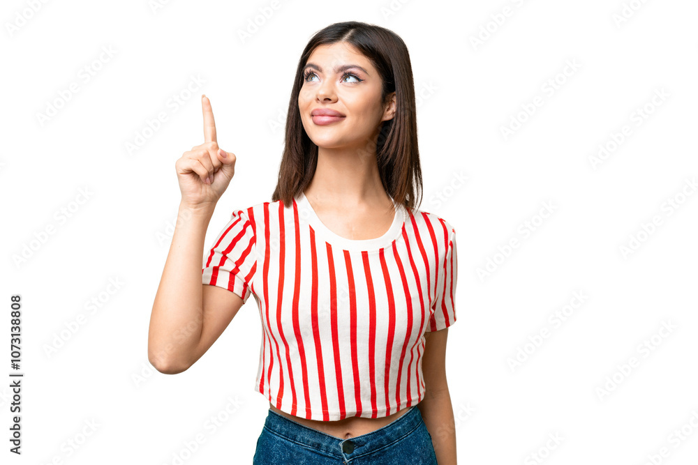 Young Russian woman over isolated chroma key background pointing up a great idea Young Russian woman over isolated chroma key background pointing up a great idea