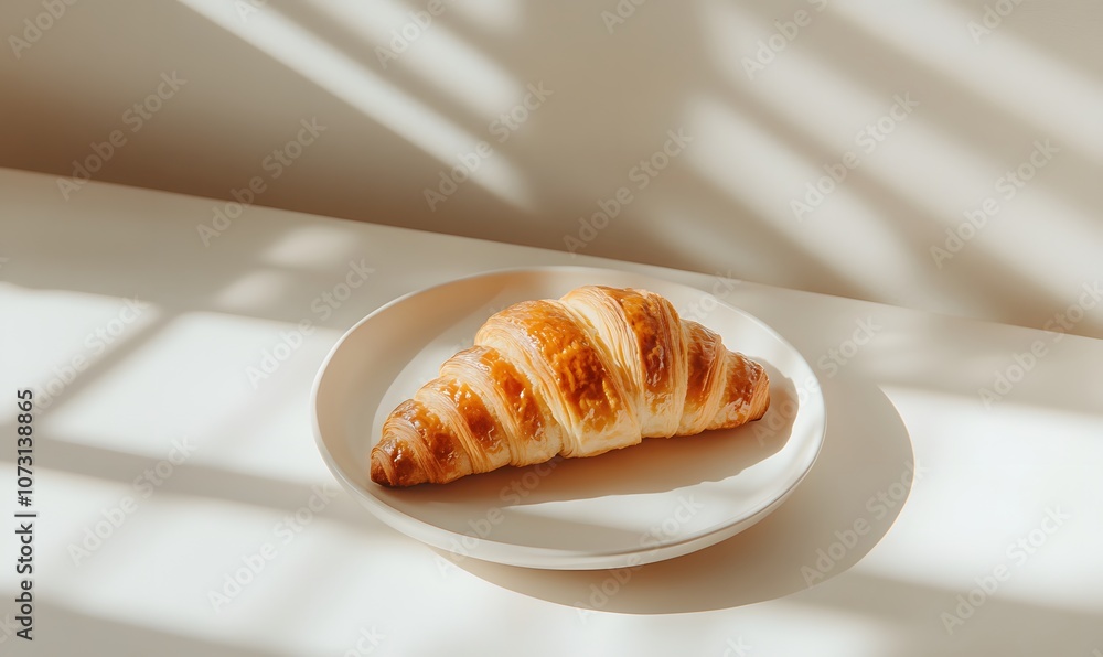Golden baked croissants lie on a white plate, Generative AI 