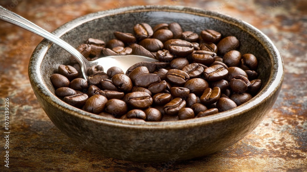 Fototapeta premium Rustic Bowl of Freshly Roasted Coffee Beans with Metallic Spoon on Textured Background, Perfect for Coffee Lovers and Culinary Enthusiasts
