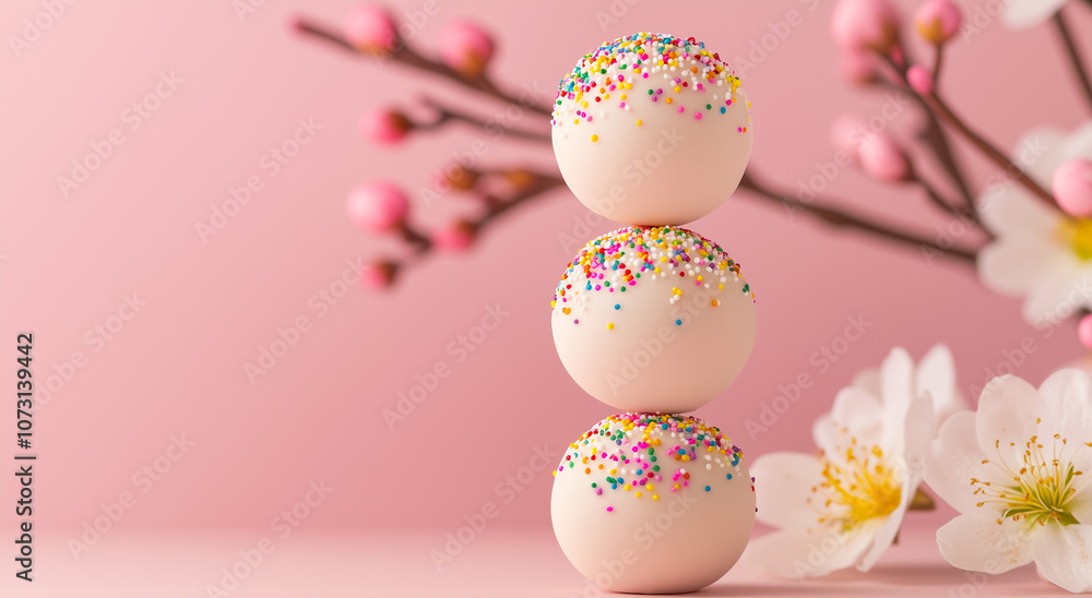Obraz premium Easter Celebration Beijinho Coconut Truffles with Spring Blossoms on Pastel Pink Background - Gourmet Dessert Presentation