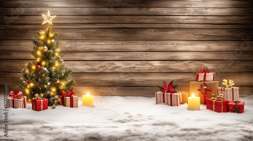 Rustic Christmas background with wooden wall and festive decorations, featuring a handcrafted wooden Christmas tree standing on snow, illuminated by candles, perfect for holiday cards, New Year greeti photo