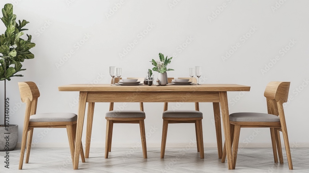 Modern Minimalist Dining Room Setup with Wooden Table and Elegant Tableware Surrounded by Stylish Chairs and Indoor Plant Decor in a Bright Space Modern Minimalist Dining Room Setup with Wooden Table and Elegant Tableware Surrounded by Stylish Chairs and Indoor Plant Decor in a Bright Space