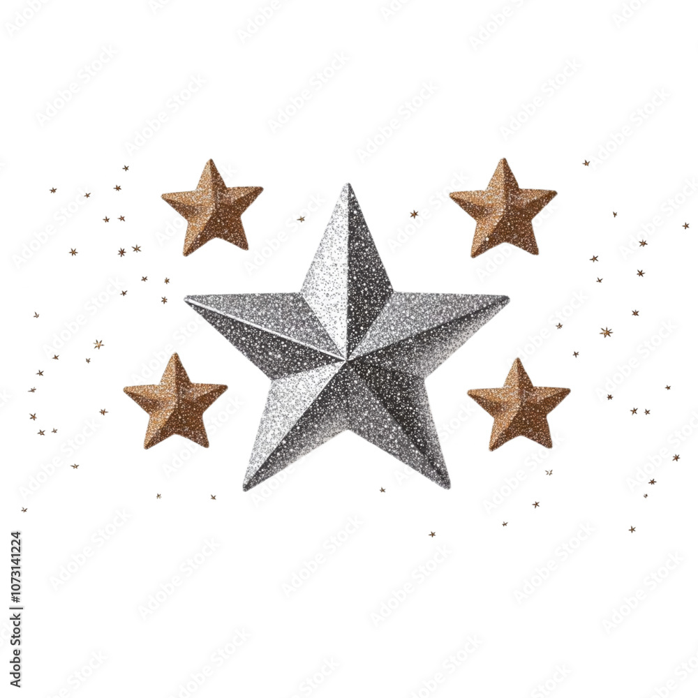 Obraz premium A sparkling silver star surrounded by golden stars on a light background, perfect for festive decorations and holiday celebrations.