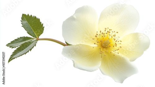 Elegant white wild rose isolated on white background with lush green leaves