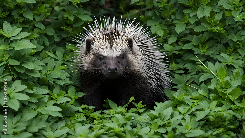Naklejka premium Porcupine exploring underbrush with green leaves, Ai Generated