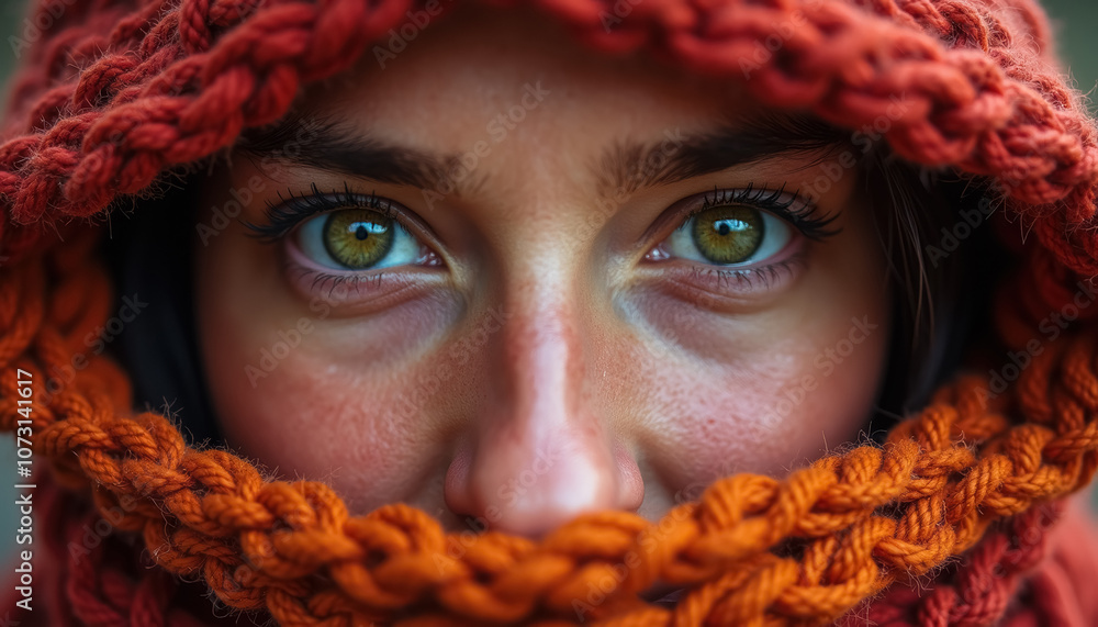 Close-up of a woman's face amidst a red knitted scarf Close-up of a woman's face amidst a red knitted scarf