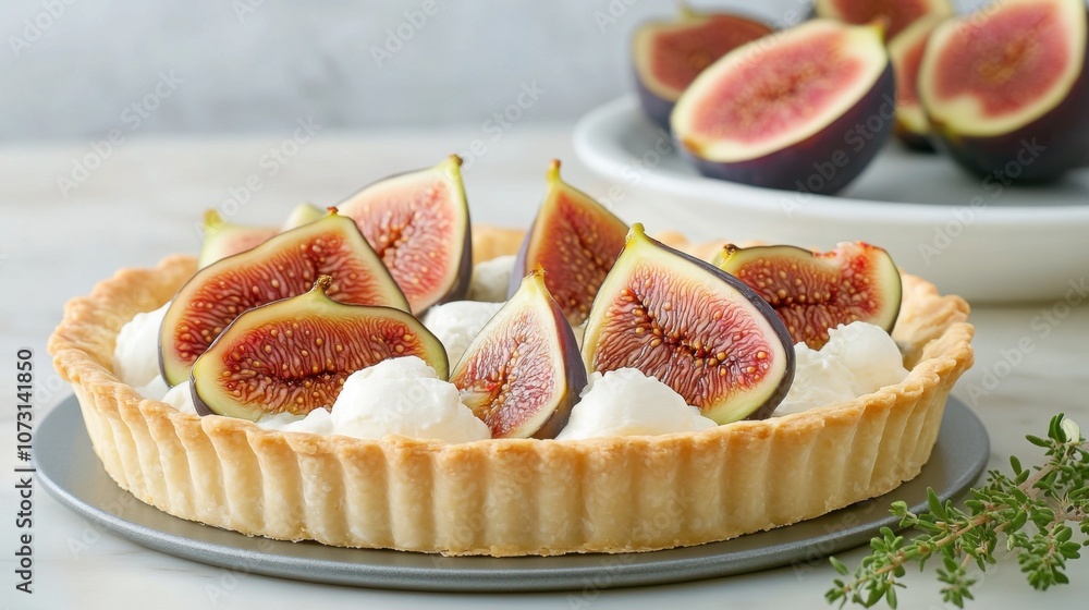 A delectable fig tart topped with fresh figs and cream, showcasing a crisp crust and vibrant colors, perfect for dessert lovers. A delectable fig tart topped with fresh figs and cream, showcasing a crisp crust and vibrant colors, perfect for dessert lovers.