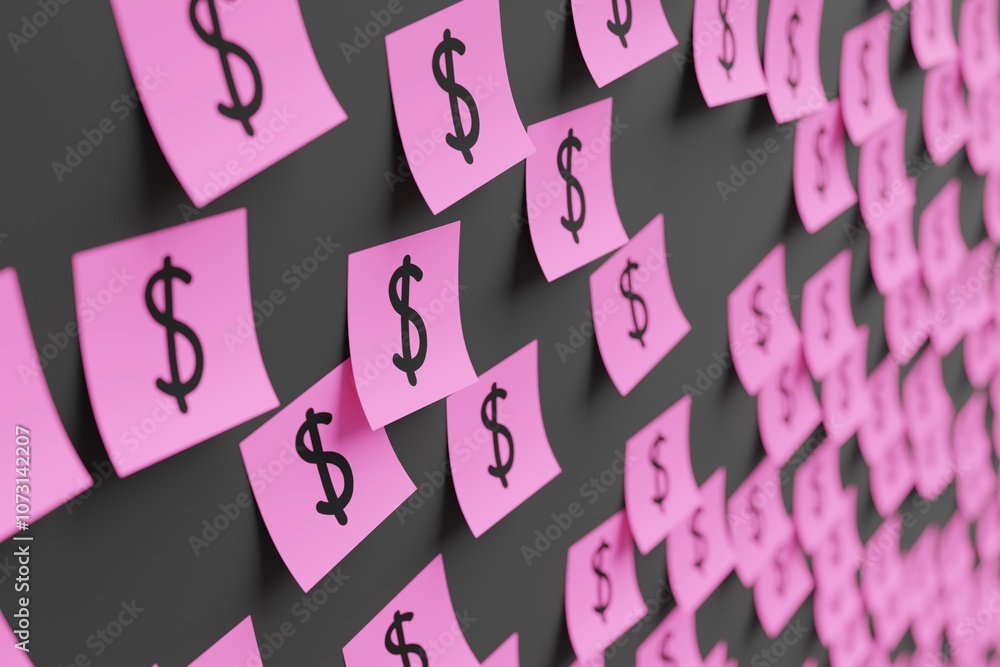 Many pink stickers on black board background with symbol of USA dollar drawn on them. Closeup view with narrow depth of field and selective focus. 3d render, illustration Many pink stickers on black board background with symbol of USA dollar drawn on them. Closeup view with narrow depth of field and selective focus. 3d render, illustration