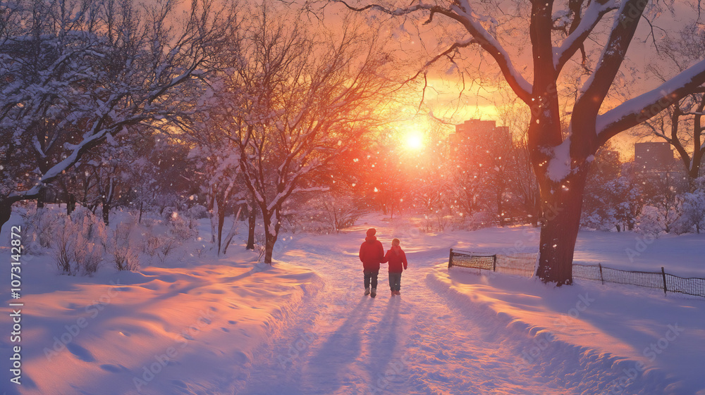 Children walking through a snowy park laughing during sunset Children walking through a snowy park laughing during sunset