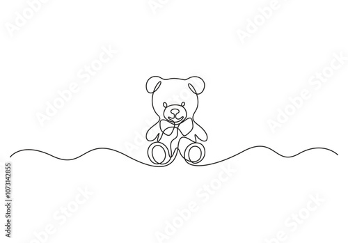 Continuous one line drawing of Teddy bear. Soft toy symbol of friendships children in simple linear style. Concept for birthday gift and greeting card in editable vector illustration