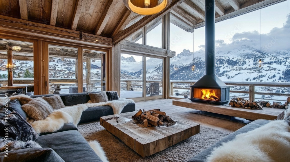 Cozy Cabin Living Room with Mountain Views and a Fireplace Cozy Cabin Living Room with Mountain Views and a Fireplace