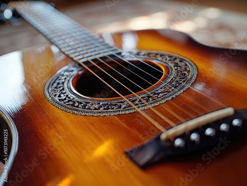 Close-up of guitar on table