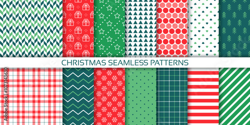 Christmas wrapping papers. Seamless pattern. Holiday Xmas backgrounds. Set green red wallpaper. Textures with gift box, star, tree, zigzag, triangle and checkered. Festive prints. Vector illustration