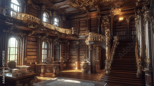 Grand Library with Ornate Shelves and Antique Books