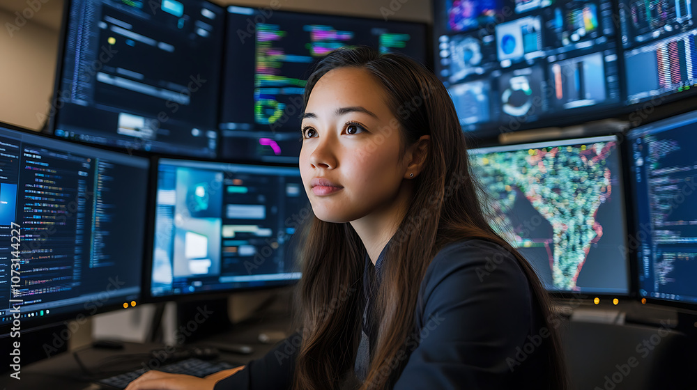 Female network engineer analyzing cloud infrastructure data on multiple monitors Female network engineer analyzing cloud infrastructure data on multiple monitors