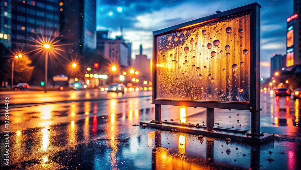 Fototapeta premium Weathered Billboard at Dusk in a Rainy Urban Landscape with Warm Glow, Capturing the Contrast of Nature and Man-Made Structures in a Serene Evening Atmosphere