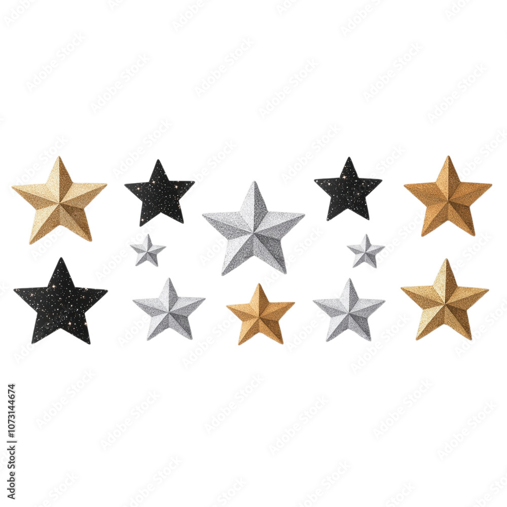 Fototapeta premium A collection of decorative stars in gold, silver, black, and gray, arranged in various sizes for aesthetic appeal.