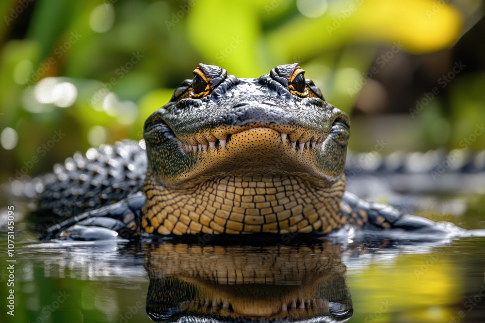 Fototapeta premium Close-up portrait of an alligator in a lush, green natural habitat with reflections on the water and intricate textures on its skin under sunlight.