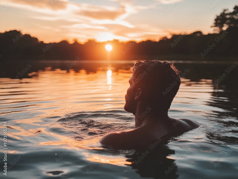 Man Swimming Lake Sunset Man Swimming Lake Sunset
