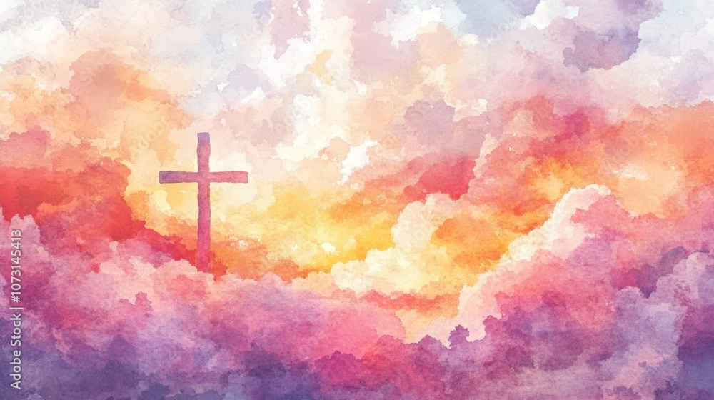 Serene Cross Silhouette Against a Vivid Sky of Soft Pastel Clouds and Radiant Light in a Dreamlike Watercolor Style Serene Cross Silhouette Against a Vivid Sky of Soft Pastel Clouds and Radiant Light in a Dreamlike Watercolor Style