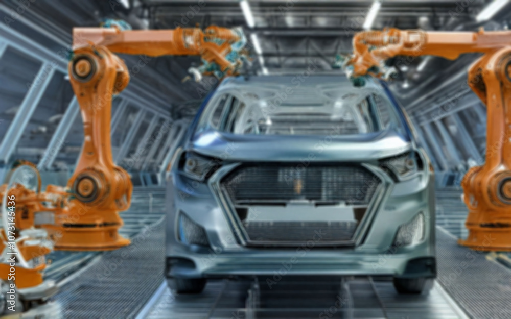 自動車工場 にて 産業用 ロボット が 自動車 を 製造 【 自動車 産業 の 背景イメージ 】【 被写界深度 で ボケた 表現 】 自動車工場 にて 産業用 ロボット が 自動車 を 製造 【 自動車 産業 の 背景イメージ 】【 被写界深度 で ボケた 表現 】