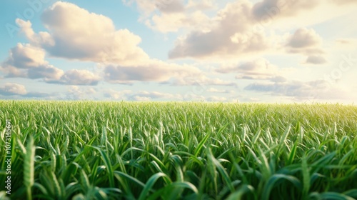 Lush Green Grass Field Under a Bright Blue Sky with Soft White Clouds, Capturing the Beauty of Nature in a Serene Landscape Setting