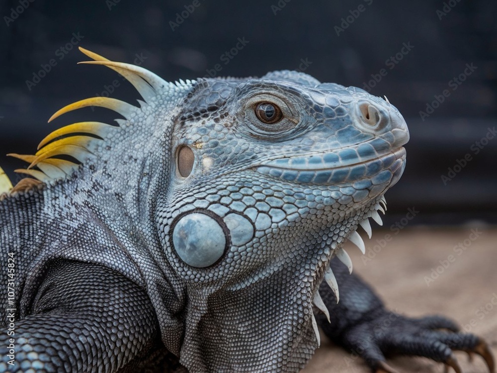 This is a close-up photo of a black and blue iguana with yellow spots. This is a close-up photo of a black and blue iguana with yellow spots.