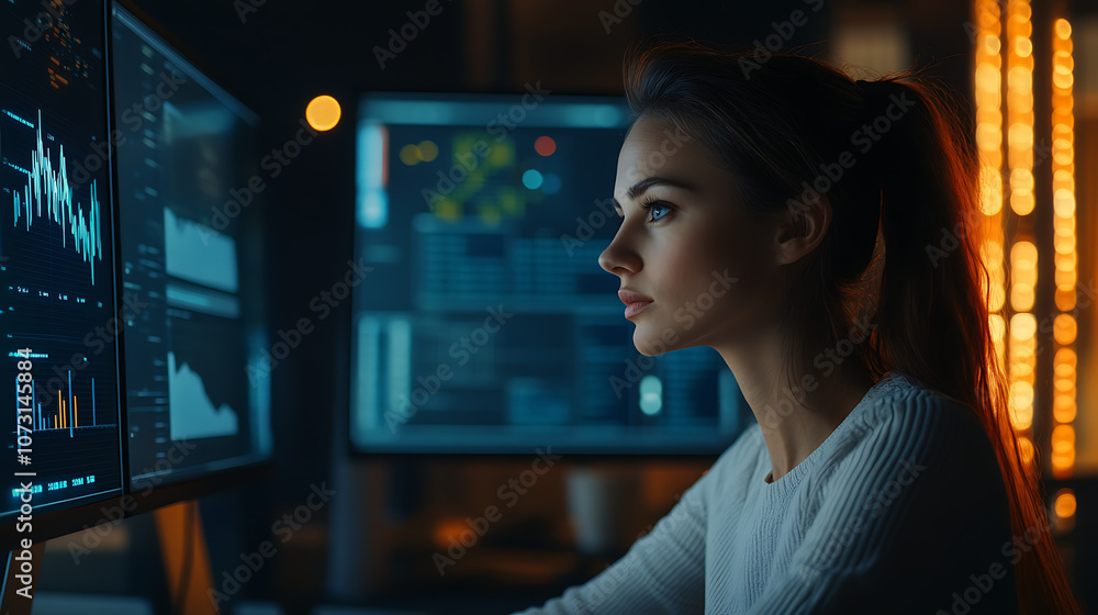 Woman data analyst studying graphs and charts on her computer screen in a quiet office Woman data analyst studying graphs and charts on her computer screen in a quiet office