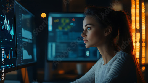 Woman data analyst studying graphs and charts on her computer screen in a quiet office 