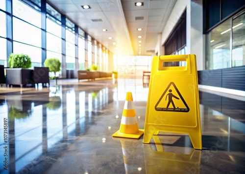 Yellow Caution Wet Floor Sign in Business Office Setting Highlighting Safety Awareness and Workplace Precautions in a Professional Environment