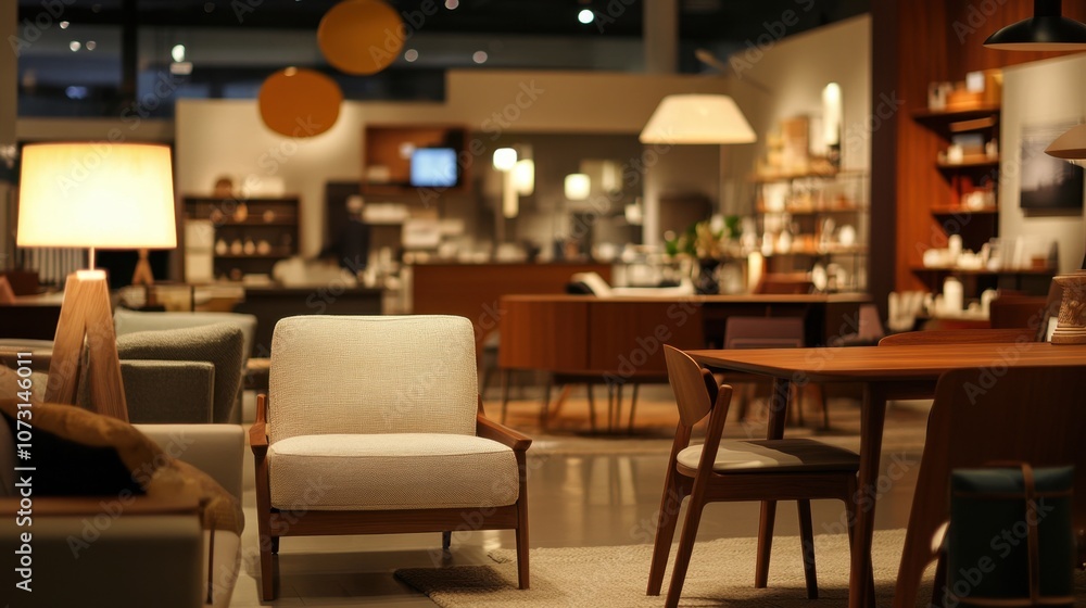Modern furniture arrangement in a stylish interior design showroom featuring elegant chairs, tables, and unique lighting fixtures for contemporary home decor inspiration. Modern furniture arrangement in a stylish interior design showroom featuring elegant chairs, tables, and unique lighting fixtures for contemporary home decor inspiration.