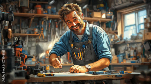 a dad in his garage or workshop, as he works on a small project, ideal for Father’s Day or handyman-themed 