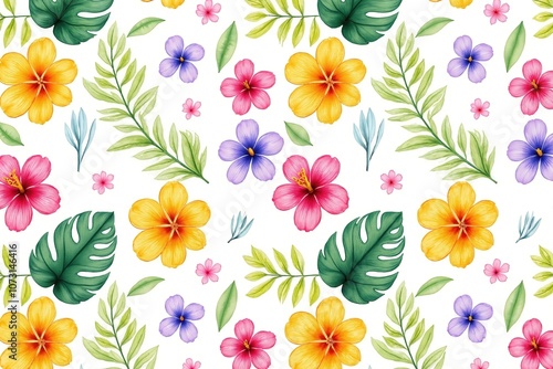 Colorful floral pattern with tropical leaves and hibiscus flowers on white background