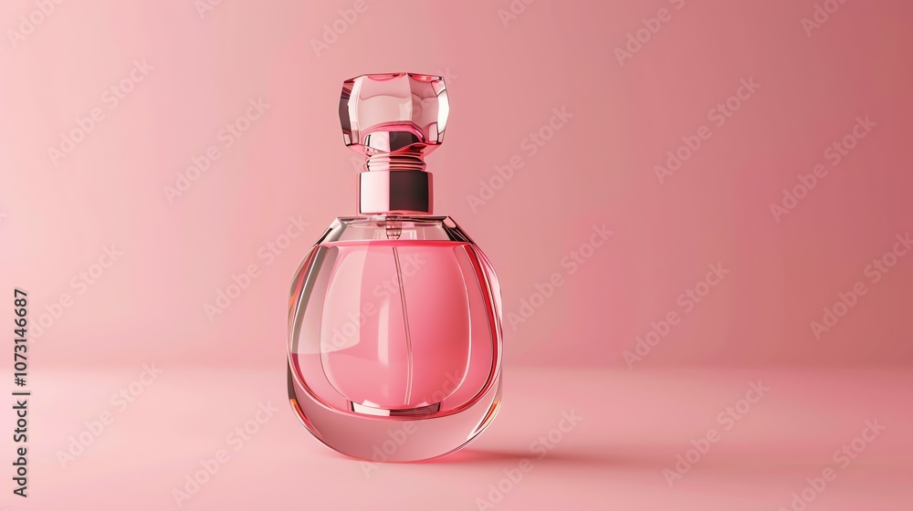 A glass bottle of perfume in a pink background.