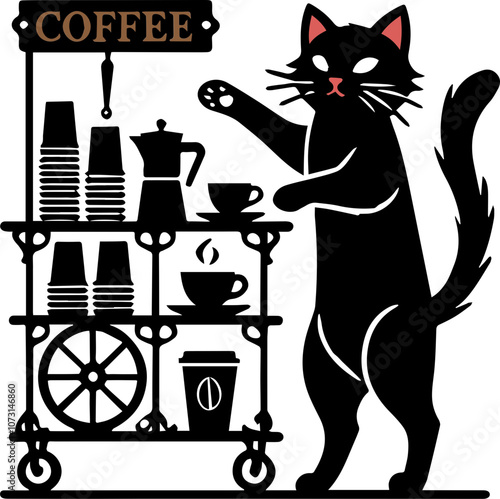 A playful black cat serving coffee from a stylish cart, perfect for coffee lovers.