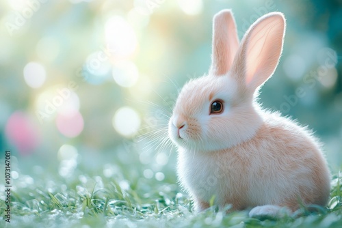 Cute Bunny Rabbit Hopping in Idyllic Meadow with Flowers and Clouds