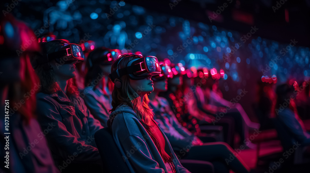 People Using VR Headsets and Goggles Watching a Futuristic Movie in a Digital Environment People Using VR Headsets and Goggles Watching a Futuristic Movie in a Digital Environment