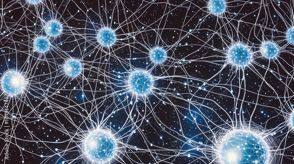 Naklejka premium Abstract neural pattern with intersecting lines and glowing points, depicting interconnected pathways of digital intelligence and AI development