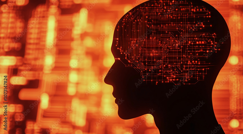 A silhouette of a person's head with a circuit board overlayed, set against a blurred background of orange lights A silhouette of a person's head with a circuit board overlayed, set against a blurred background of orange lights