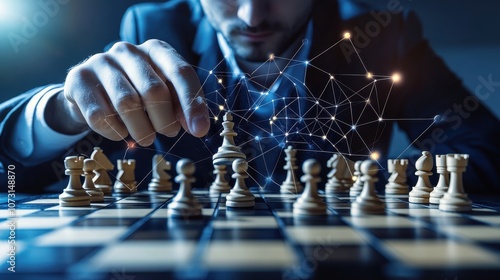 Man Strategizing Chess Moves with Hologram	